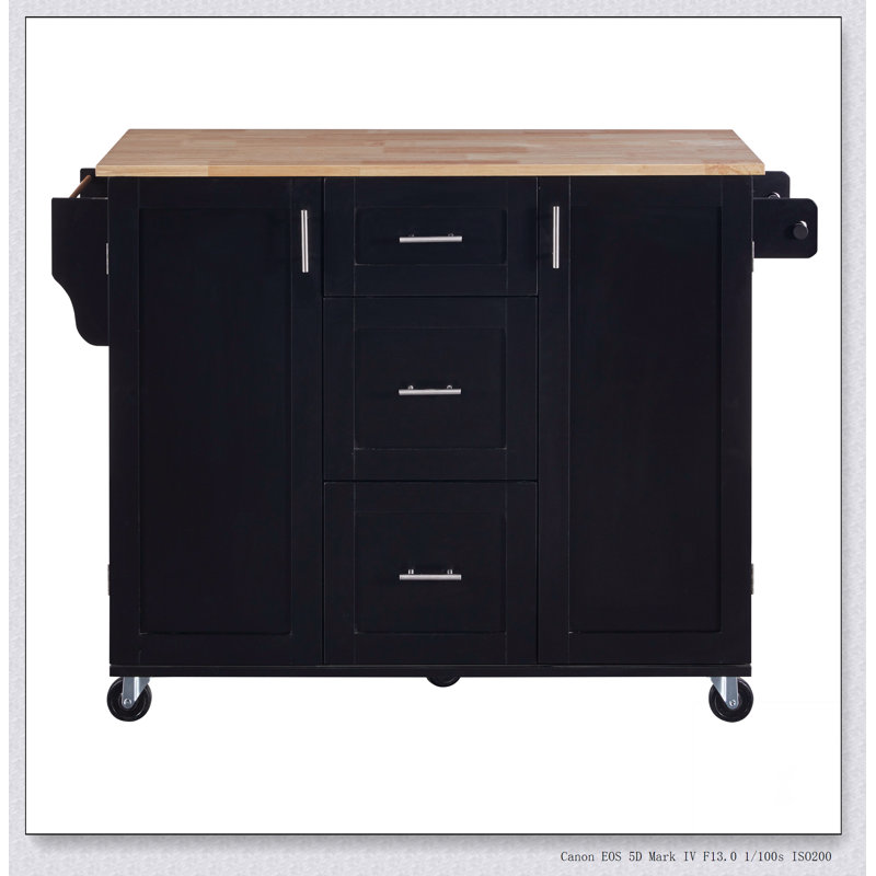 Îlot de cuisine roulant avec rangement, chariot de cuisine avec plateau en bois d'hévéa, Noir