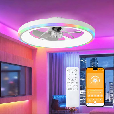 Ventilateur de plafond moderne 23,6 po avec lumières RVB, ventilateur encastré à profil bas avec télécommande et application, moteur CC réversible à 6 vitesses, DEL à intensité variable de 3000 à 6500 K pour la chambre à coucher,
