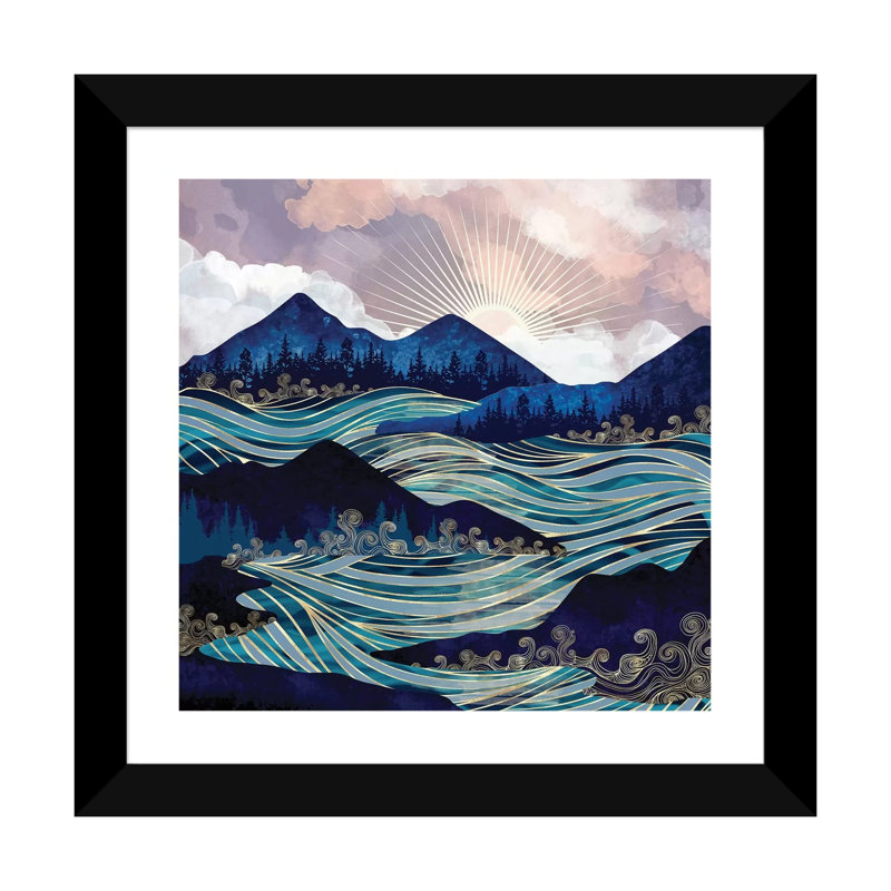Ocean Sunrise - impression d'art graphique, H 16 po x l 16 po x P 1 po, Blanc, Papier encadré noir