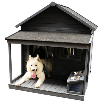 Niche pour chien en bois avec grande terrasse et bol d'alimentation