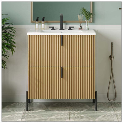 Meuble-lavabo de salle de bain avec lavabo en céramique, système de tiroir divisé et conception cannelée