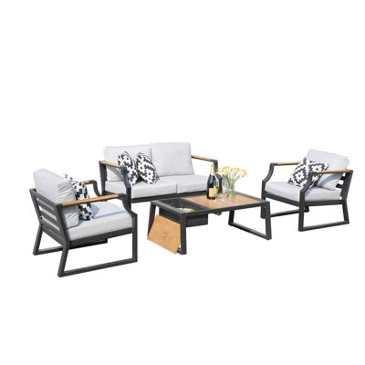 Ensemble de conversation de patio 4 pièces avec causeuse, 2 canapés simples et table basse avec seau à glace en noir