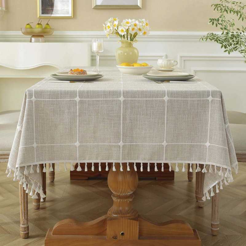 Rustic Cotton Linen Table Cloth,Tablecloths For 6 Foot Rectangle Tables,Waterproof Washable Tablecloth With Tassel Rectangle/Oblong, 55''X 86'', 6-8 Seats