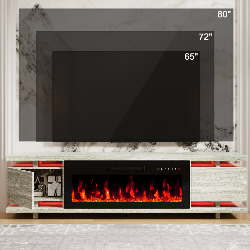 69"Media Console For TVs Up To 80" With Electric Fireplace, Large TV Stand with Led Light, Travertine Marble