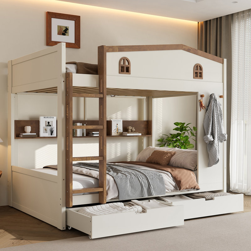 Queen Over Queen Solid Wood Bunk Bed with Storage Drawers, Shelves and Hooks, Beige, Queen Over Queen