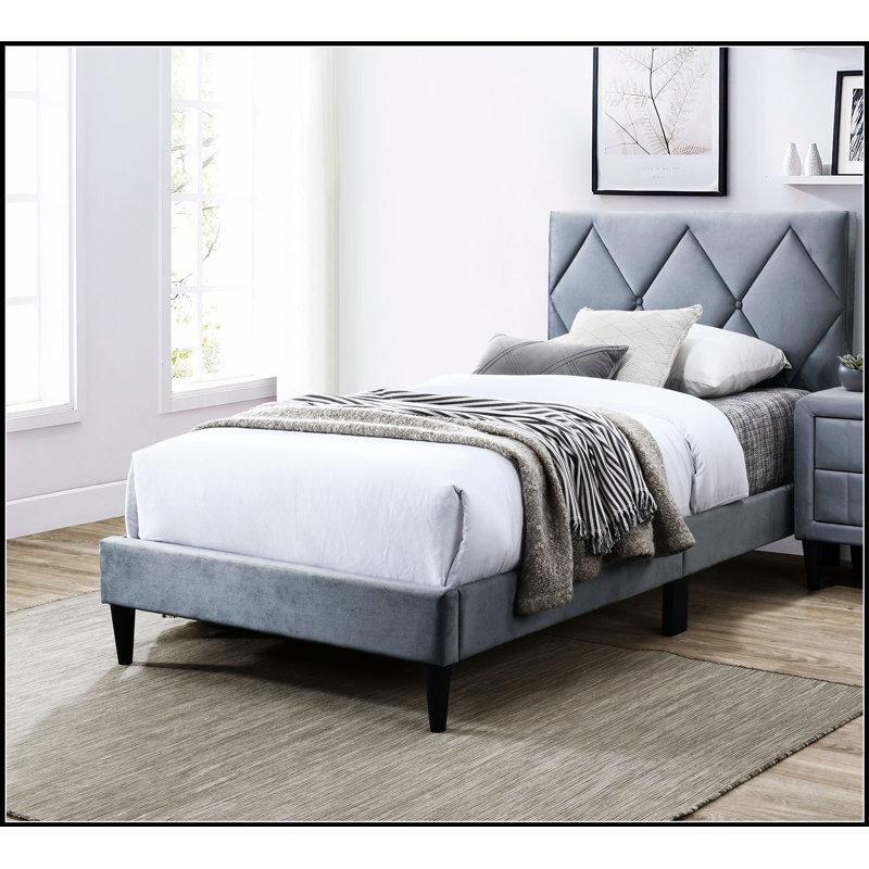 Lit tapissier en velours avec tête de lit réglable, parfait pour les chambres de jeunes et le confort moderne., Full, Gray