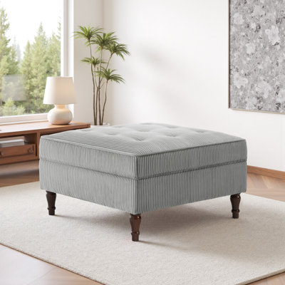 Upholstered Light Gray Square Tufted Corduroy Flip-Tray Top Storage Ottoman, Single Ottoman Modular Part For Sectional Sofa