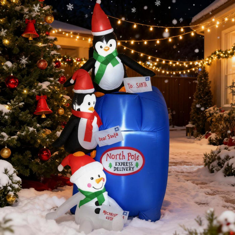 Boîte aux lettres North Pole avec pingouins et bonhomme de neige, décorations de Noël gonflables pour l'extérieur, décor de Noël de jardin gonflable avec affichage à DEL