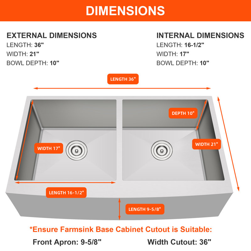Évier de cuisine à tablier frontal en acier inoxydable de calibre 16 avec cuve double 36 pouces Blenzia 36 po x 21 po x 10 po