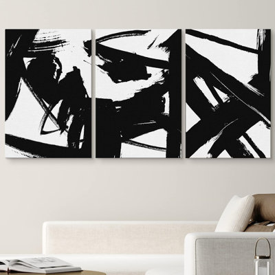 BAW " Black And White Grunge Paint Strokes Abstract Shapes Modern Minimalist Expressive " 3 - Pieces