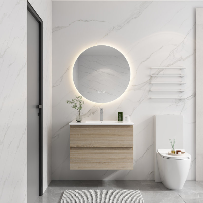 Meuble-lavabo moderne en chêne 30 po avec lavabo en céramique et 2 tiroirs à fermeture en douceur, 30", Naturel / Blanc