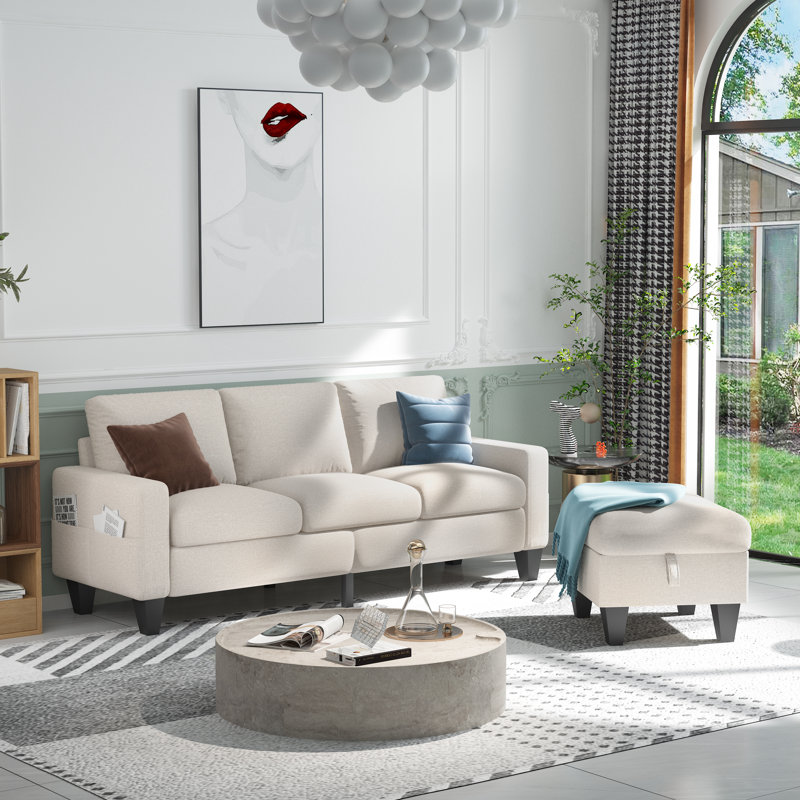 Canapé modulaire réversible avec repose-pieds Adelyna, Mélange de lin beige
