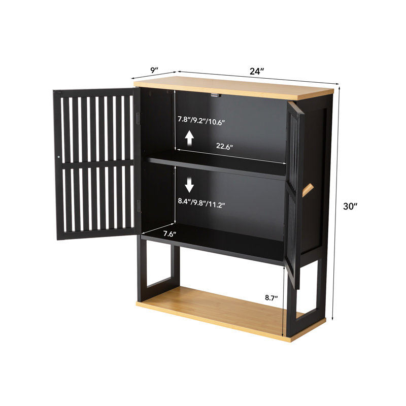 Armoire de rangement en bambou de 24 po avec portes à lattes et tablette ouverte, salle de bain moderne à deux tons