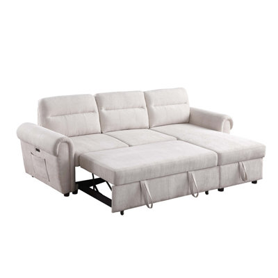 97"W Chenille Reversible Sleeper Sectional Sofa Chaise With USB Charger, Phone/Magazine Pockets
