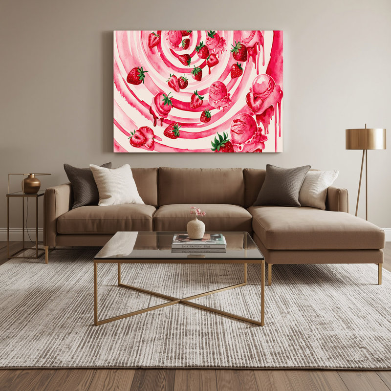 Dessert, fraise, crème glacée, art mural sur toile beige, H 11 po x l 14 po