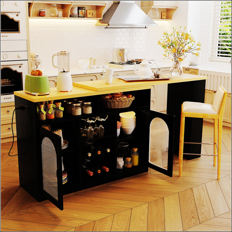 Buffet U_STYLE avec plateau extensible et casier à vin, table de bar haute avec éclairage DEL et prise électrique, chariot à vin mobile de style campagnard