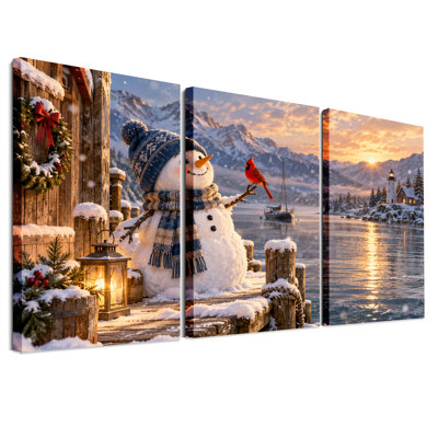 «Snowman on Winter Dock» avec cardinal rouge, ensemble de 3 toiles
