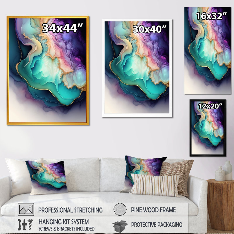 Bleu et mauve abstrait Geode II - art mural abstrait en marbre, Cadre photo noir, H 20 po x l 12 po x P 1 po