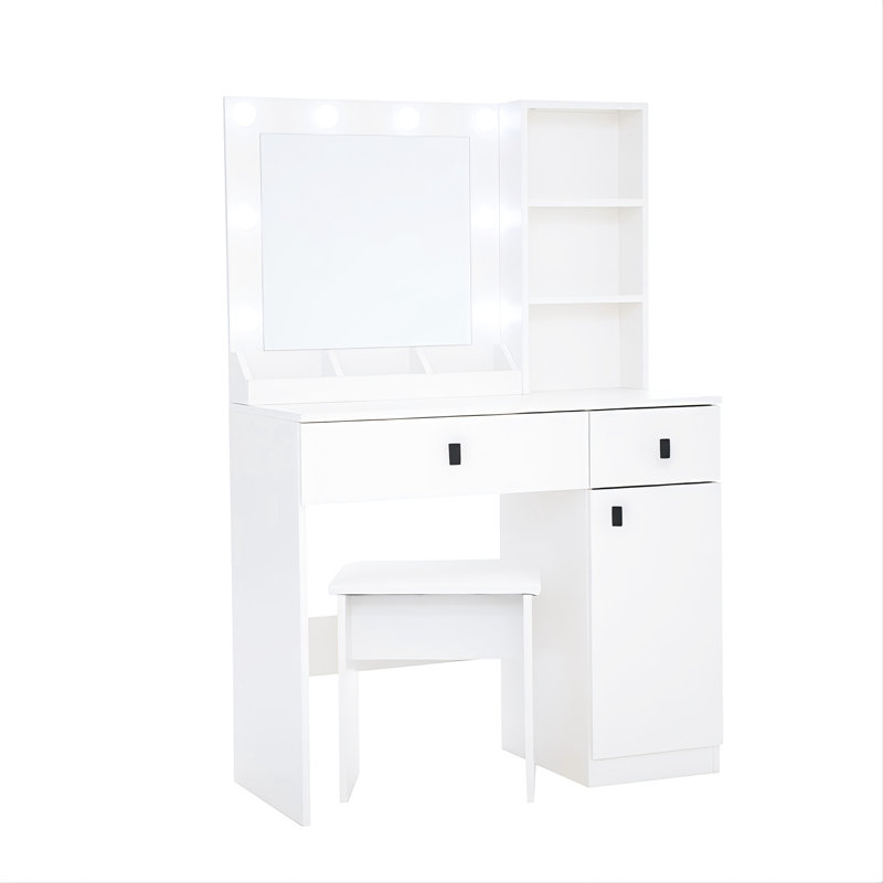 Meuble-lavabo de chambre à coucher avec lumières - bureau blanc avec miroir rotatif, 2 tiroirs et miroir de rangement réglable