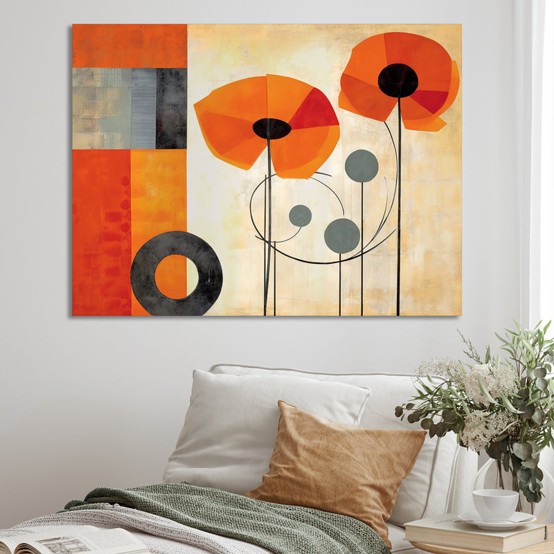 Fleurs cubiques orange vif - art mural abstrait géométrique pour le salon, Toile tendue, H 24 po x l 32 po x P 1 po