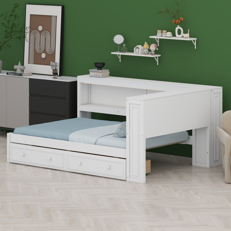 Lit de jour moderne avec tablettes de rangement intégrées, ports USB intégrés, éclairage à DEL et tiroirs, Blanc