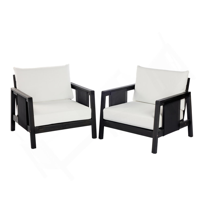 Chaises club d'extérieur (ensemble de 2), structure en bois d'acacia avec accents textilène noir, coussins blancs hydrofuges pour patio / cour arrière / terrasse