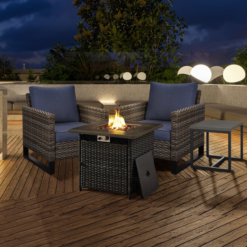 Naresa 4-Piece Outdoor Furniture Set  2 Patio Chairs, Fire Pit Table & Side Table, All-Weather PE Wicker, Blue