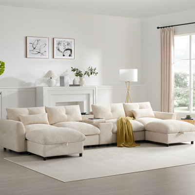 Canapé modulaire en forme de U de 136 po avec conception modulaire, console de rangement et de charge, 2 repose-pieds mobiles, siège de 30 po de largeur, dossier à 6 boutons, ne laissez pas le journal sur la surface pour l'entretien du produit