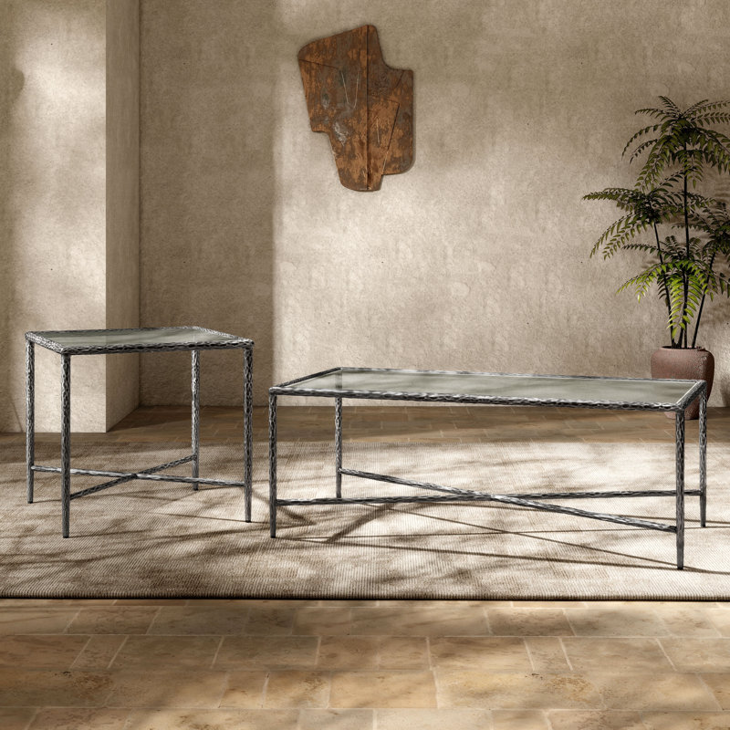 Ensemble de 2 tables basses en métal martelé à motif en X de style moderne Lalia, Gris mat