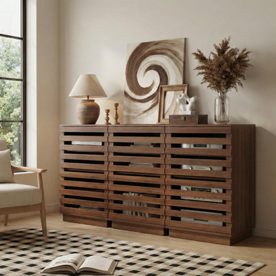 Modern Slatted Wood Audio Component Cabinet, 4-Tier Stereo Equipment Rack Media Stand With Ventilated Door & Cable Management, Oak
