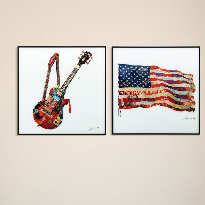 «Guitare et drapeau américain» par Alex Zeng - ensemble de 2 tiroirs sur papier