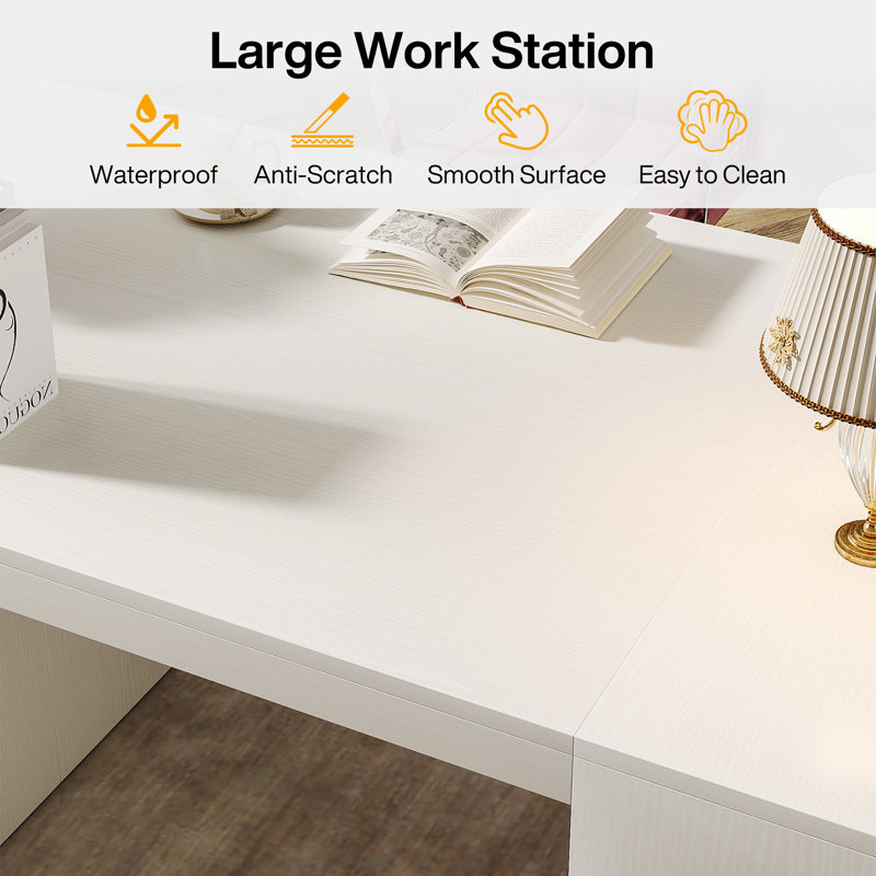 62" White Computer Desk For Home Office, Modern Executive Office Desk with  Storage Shelves