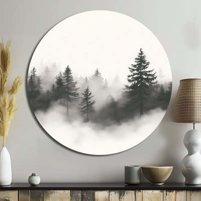 Monochrome Forest Grey And White Foggy Pines - Landscapes Round Metal Wall Art