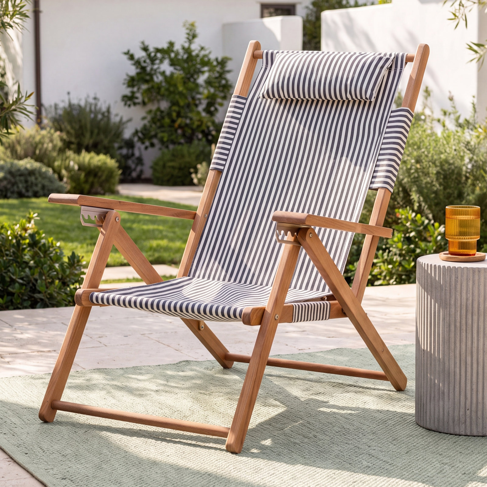 Reclining Beach Chair with Cushion, Lauren's Navy Stripe