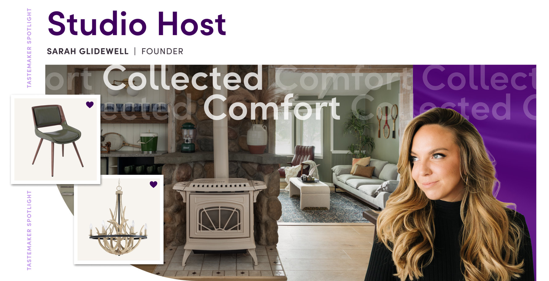 Tastemaker Spotlight: Studio Host Sarah Glidewell presents Collected Comfort, featuring a cozy living room with a stone fireplace and wood-burning stove alongside a dining chair and antler chandelier.