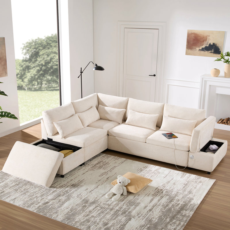 Canapé-lit modulaire de 107 po avec canapé-lit en forme de L, accoudoirs réglables en L, charge USB et Type-C, repose-pieds avec rangement à mouvement libre, combinaison libre pour le salon et l’appartement