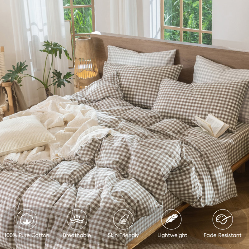 MooMee Gingham Duvet Cover Set 100% Washed Cotton Linen Like Lightweight, King Duvet Cover + 2 King Pillowcases, Brown
