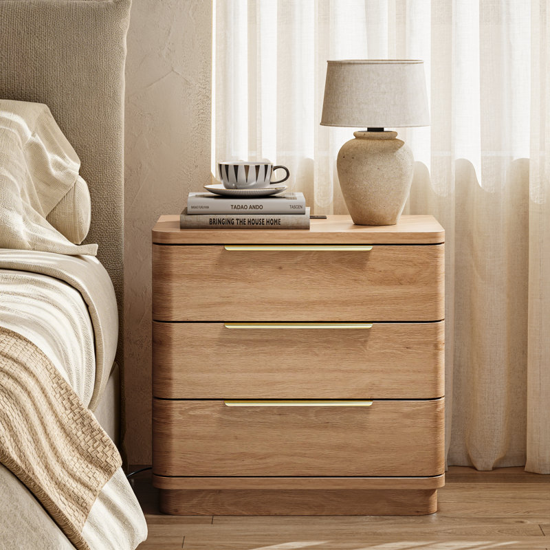 Nightstand With Charging Station, 3 Drawer Night Stand, 24 Inch Wider Side Table With Storage, Oak, Individual