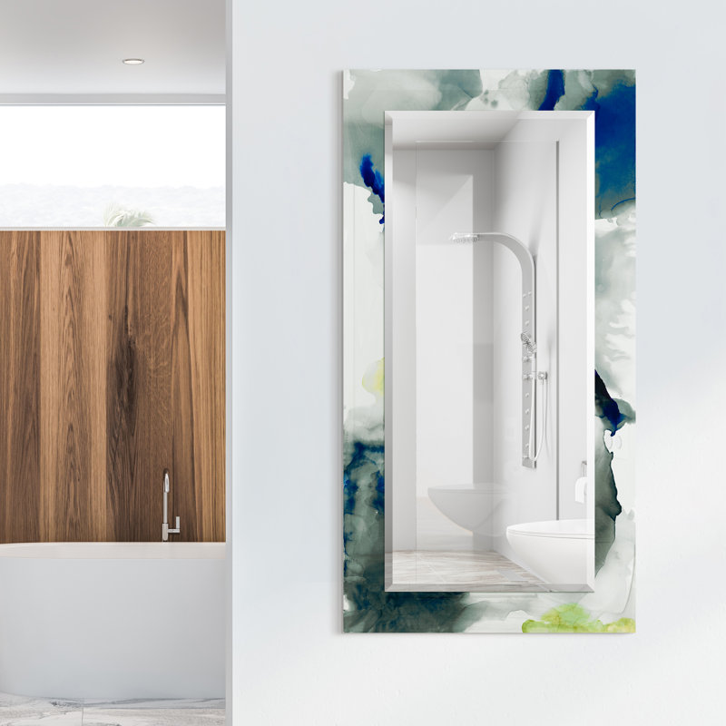 "Part The Skies I"Rectangular Beveled Mirror on Free Floating Reverse Printed Tempered Art Glass, 54" x 28"