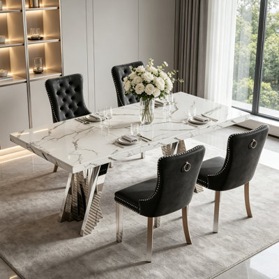 Modern Faux Marble Dining Table Set, Luxury 70.8" Dining Room Table with Velvet Upholstered Chairs, Luxurious Kitchen Table with Lightning Stainless Steel Pedestal, Rectangle Dining Table Set