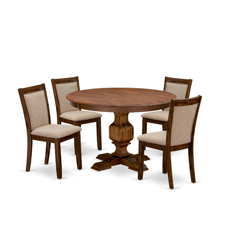 Ensemble de table de salle à manger 5 pièces moderne comprenant une table ronde en bois avec piédestal et 4 chaises Parson rembourrées en tissu brun clair clair, noyer antique