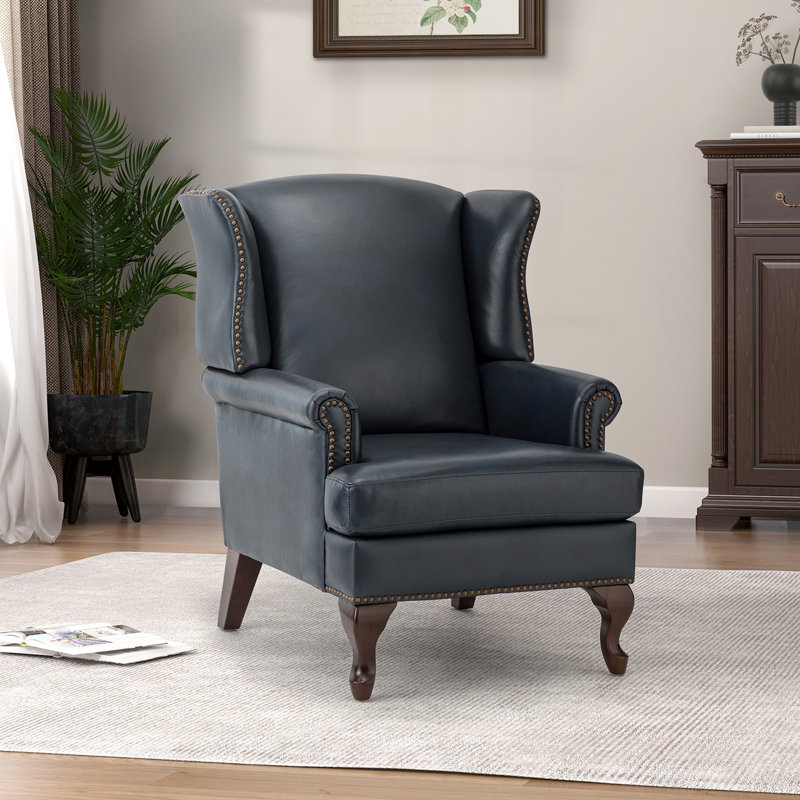 Anapatricia 32.5'' W Genuine Leather Wingback Armchair with Nailhead Trim, Navy Genuine Leather