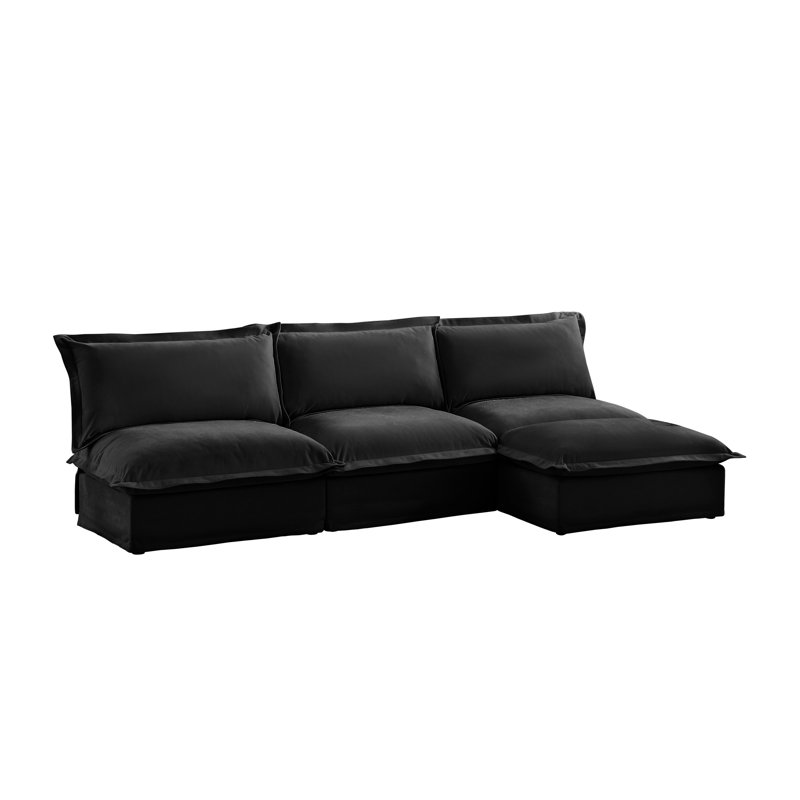Canapé modulaire en chenille noir avec repose-pieds modulaire avec repose-pieds réversible - Canapé à assise profonde sans accoudoirs pour le salon