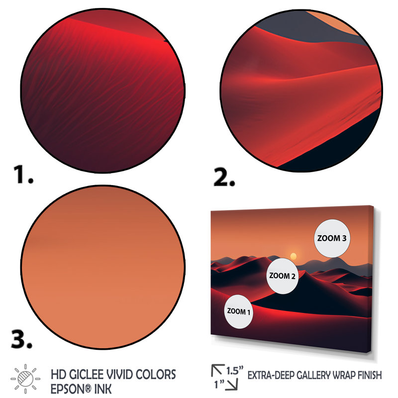 Noir et rouge, désert, lever de soleil, photo IV - désert, art mural, Cadre flottant doré, H 16 po x l 32 po x P 1 po