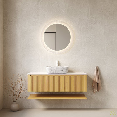 Meuble-lavabo de salle de bain 48 po Hizon, armoire de rangement flottante en contreplaqué avec tiroirs et tablette ouverte, vasque en céramique à motif marbré et plateau en pierre frittée, préassemblée