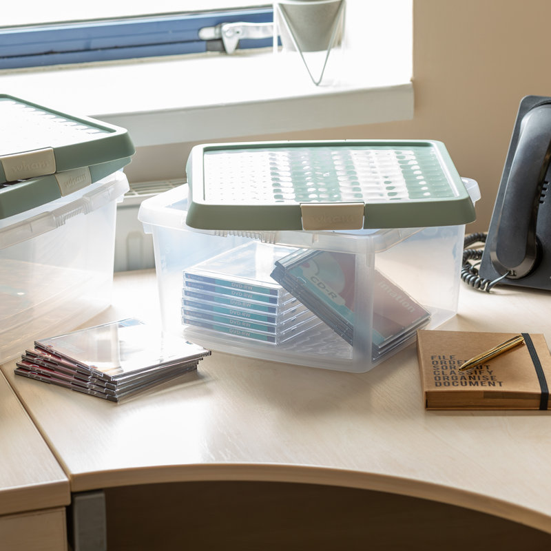 Wham Clip 9L Square Plastic Storage Boxes with Secure Clip Lock Lids. L:29 x W:29 x H:15.5cm Clear/Stone/Slate Grey, Green