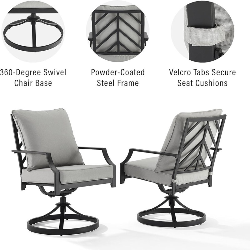 Ensemble de chaises d'extérieur pivotantes 2 pièces Otto, chaises de patio pour terrasse, cour arrière, noir mat avec coussins gris