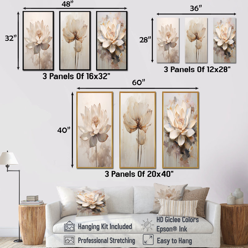 Beige Lotus Reflections - lot de 3 impressions d'art mural lotus, Cadre flottant brun, H 32 po x l 48 po