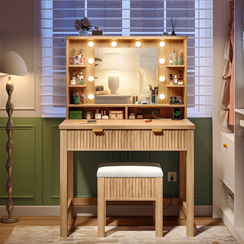 Bureau de coiffeuse avec éclairage réglable et station de charge - 2 tiroirs, tabouret de rangement surélevé, miroir de maquillage