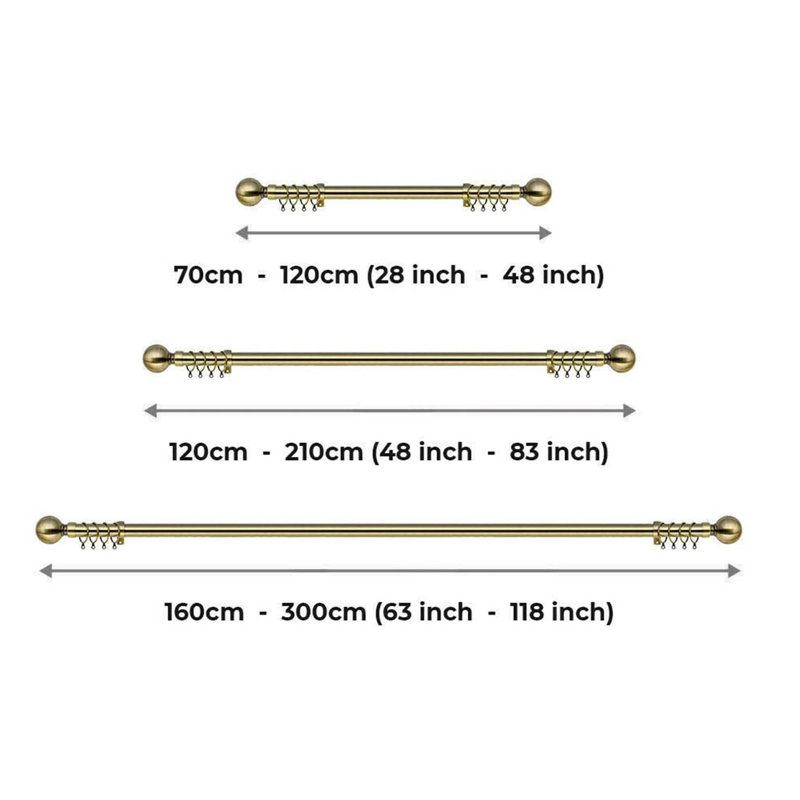 Adjustable 70cm to 300cm 2.8cm Single Curtain Pole, Antique Brass